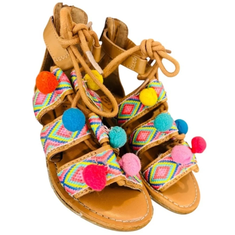GAP Kids Girls Multi Colored Tan Sandals with Pompoms Size 12